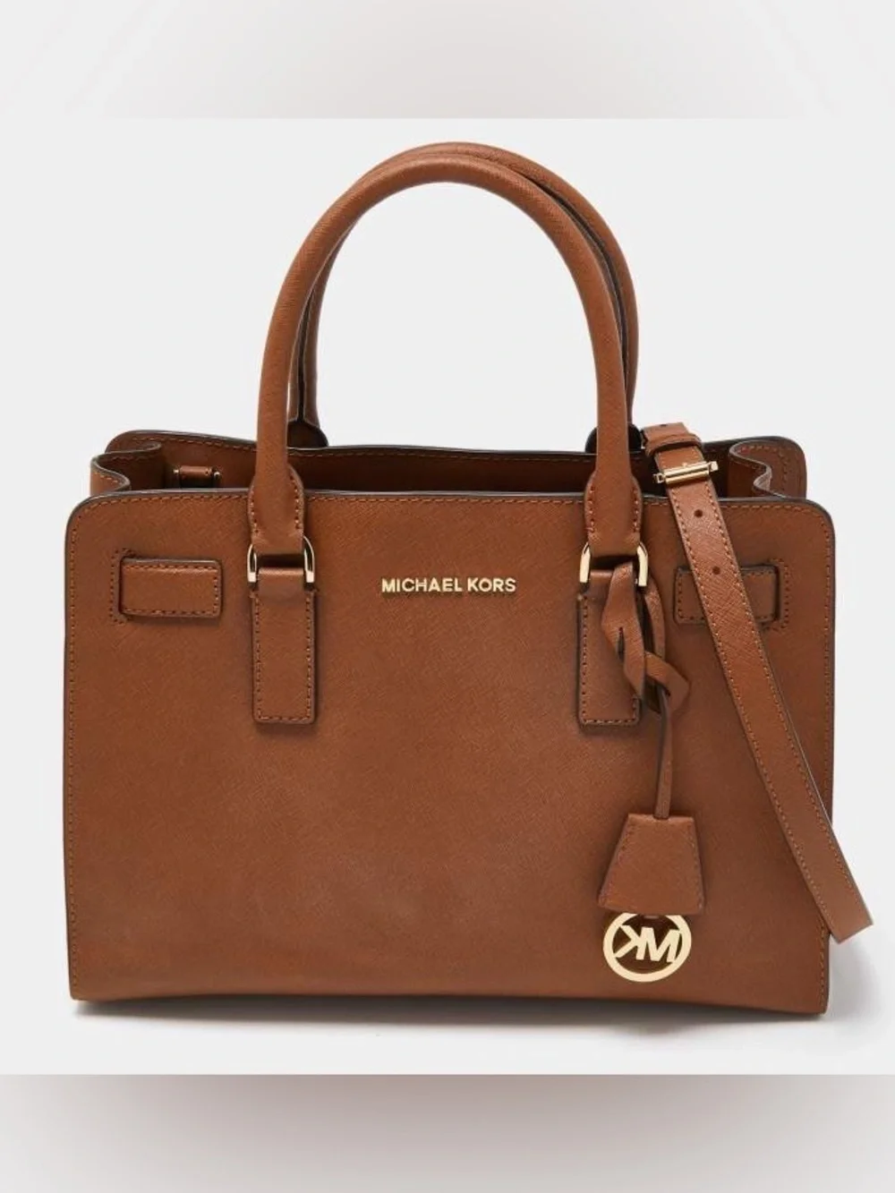MICHAEL KORS Saffiano Leather Satchel in Cognac Brown with Gold Hardware